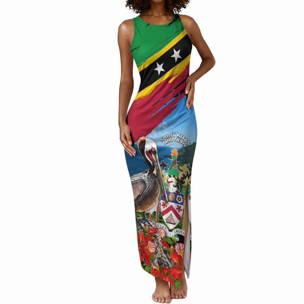 Saint Kitts And Nevis Tank Maxi Dress Caribbean Pride Tropical Island Map Pelican Floral