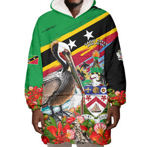 Saint Kitts And Nevis Wearable Blanket Hoodie Caribbean Pride Tropical Island Map Pelican Floral