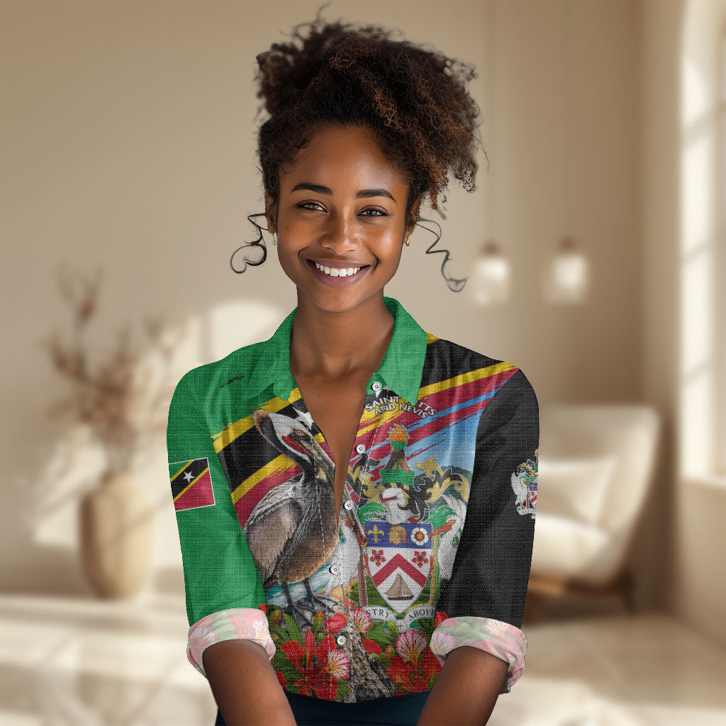 Saint Kitts And Nevis Women Casual Shirt Caribbean Pride Tropical Island Map Pelican Floral