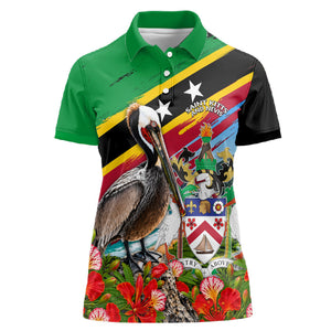 Saint Kitts And Nevis Women Polo Shirt Caribbean Pride Tropical Island Map Pelican Floral