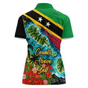 Saint Kitts And Nevis Women Polo Shirt Caribbean Pride Tropical Island Map Pelican Floral