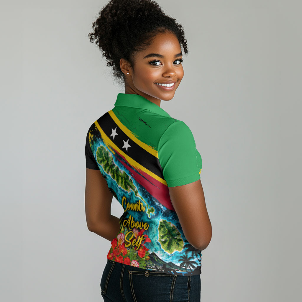 Saint Kitts And Nevis Women Polo Shirt Caribbean Pride Tropical Island Map Pelican Floral