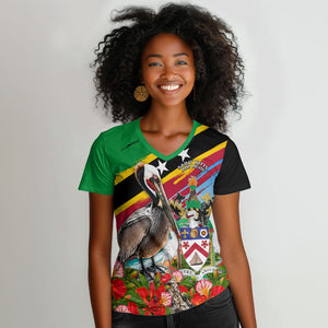 Saint Kitts And Nevis Women V-Neck T-Shirt Caribbean Pride Tropical Island Map Pelican Floral