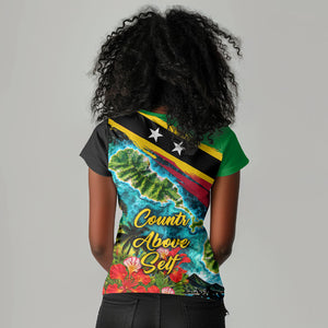 Saint Kitts And Nevis Women V-Neck T-Shirt Caribbean Pride Tropical Island Map Pelican Floral
