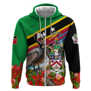Saint Kitts And Nevis Zip Hoodie Caribbean Pride Tropical Island Map Pelican Floral