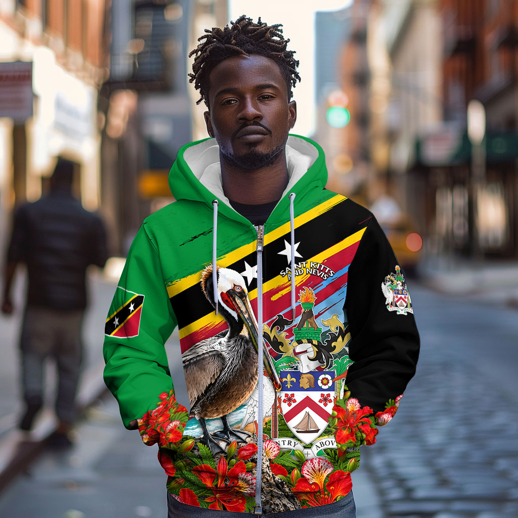 Saint Kitts And Nevis Zip Hoodie Caribbean Pride Tropical Island Map Pelican Floral