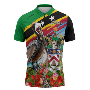 Saint Kitts And Nevis Zipper Polo Shirt Caribbean Pride Tropical Island Map Pelican Floral