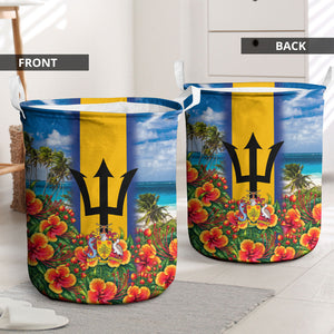 Barbados Trident Coat Of Arms Laundry Basket Caribbean Pride Tropical Beach Floral Map