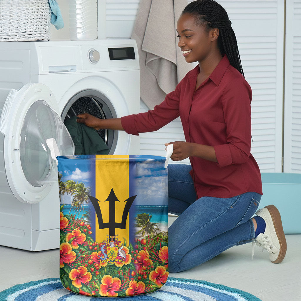 Barbados Trident Coat Of Arms Laundry Basket Caribbean Pride Tropical Beach Floral Map