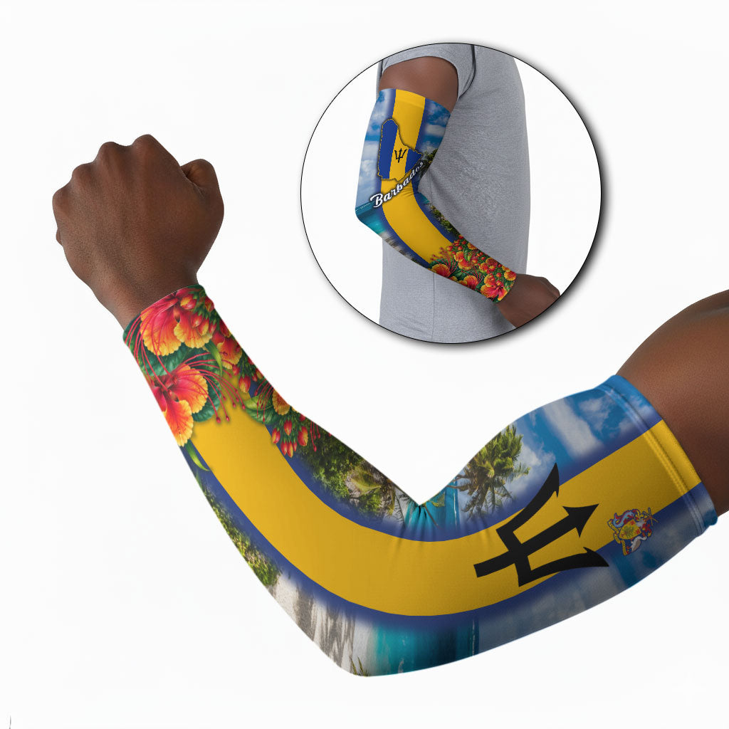 Barbados Trident Coat Of Arms Arm Sleeves Caribbean Pride Tropical Beach Floral Map