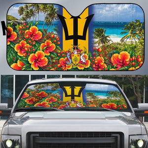 Barbados Trident Coat Of Arms Auto Sun Shade Caribbean Pride Tropical Beach Floral Map
