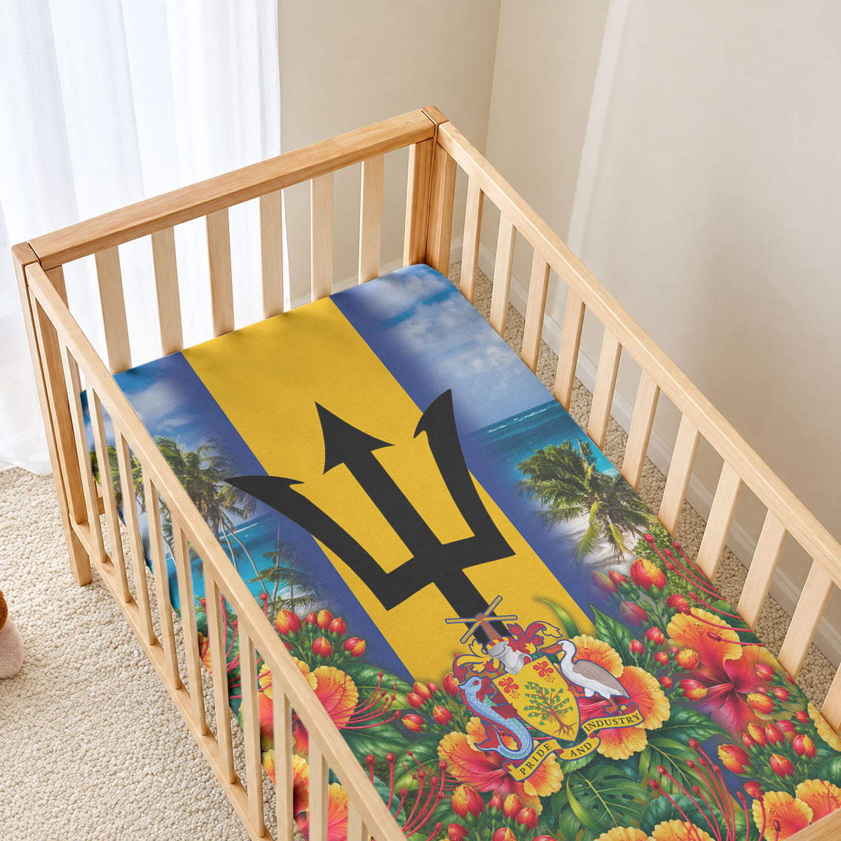 Barbados Trident Coat Of Arms Baby Bed Cover Caribbean Pride Tropical Beach Floral Map