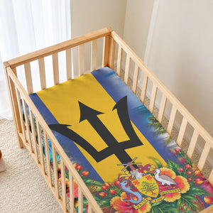 Barbados Trident Coat Of Arms Baby Bed Cover Caribbean Pride Tropical Beach Floral Map
