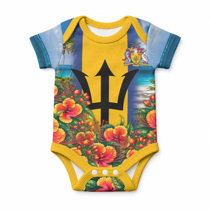 Barbados Trident Coat Of Arms Baby Onesie Caribbean Pride Tropical Beach Floral Map