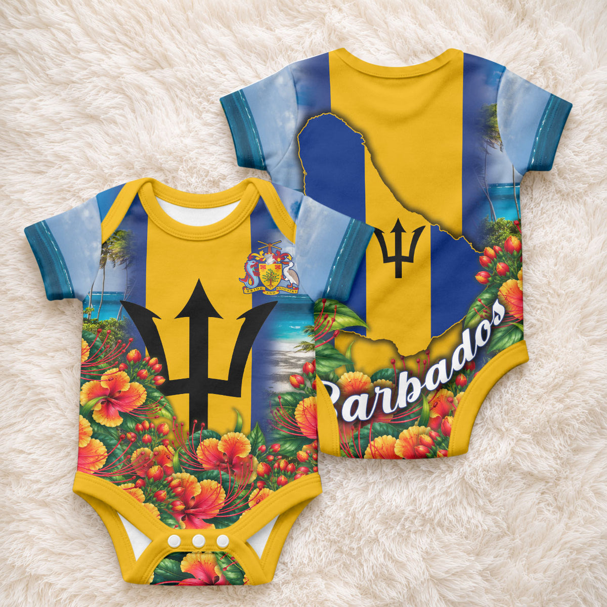 Barbados Trident Coat Of Arms Baby Onesie Caribbean Pride Tropical Beach Floral Map