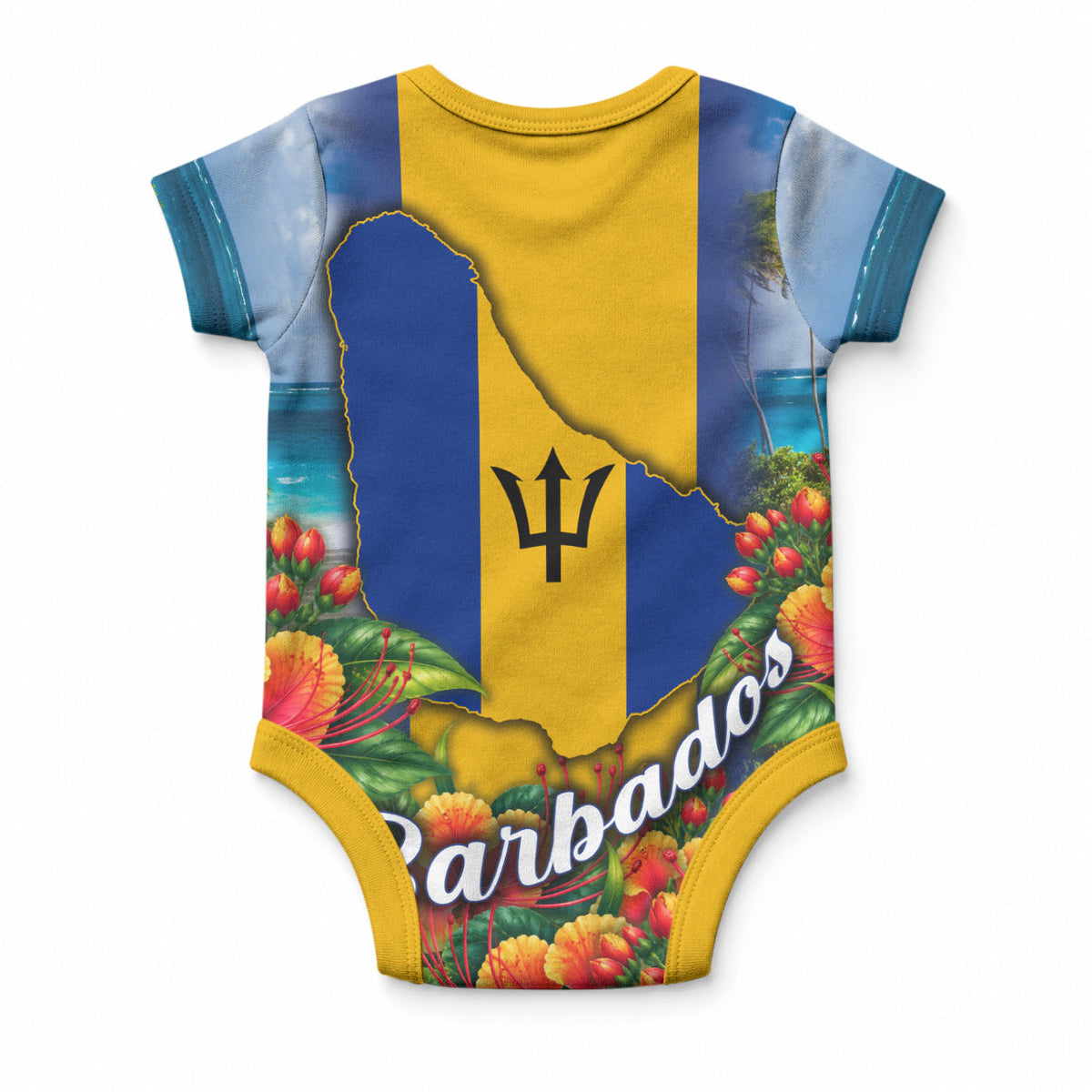 Barbados Trident Coat Of Arms Baby Onesie Caribbean Pride Tropical Beach Floral Map