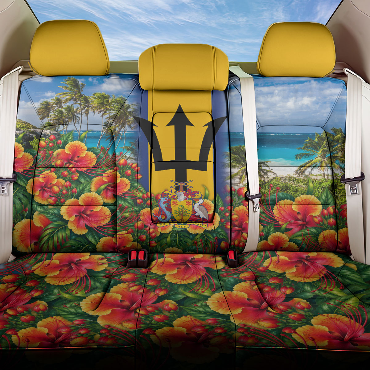 Barbados Trident Coat Of Arms Back Car Seat Cover Caribbean Pride Tropical Beach Floral Map