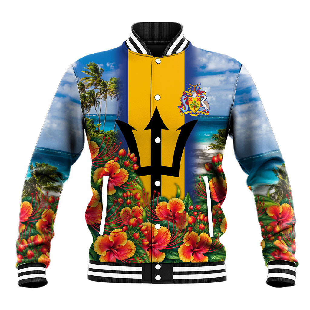 Barbados Trident Coat Of Arms Baseball Jacket Caribbean Pride Tropical Beach Floral Map