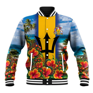 Barbados Trident Coat Of Arms Baseball Jacket Caribbean Pride Tropical Beach Floral Map