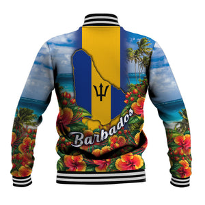 Barbados Trident Coat Of Arms Baseball Jacket Caribbean Pride Tropical Beach Floral Map