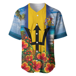 Barbados Trident Coat Of Arms Baseball Jersey Caribbean Pride Tropical Beach Floral Map