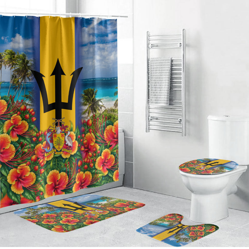 Barbados Trident Coat Of Arms Bathroom Set Caribbean Pride Tropical Beach Floral Map