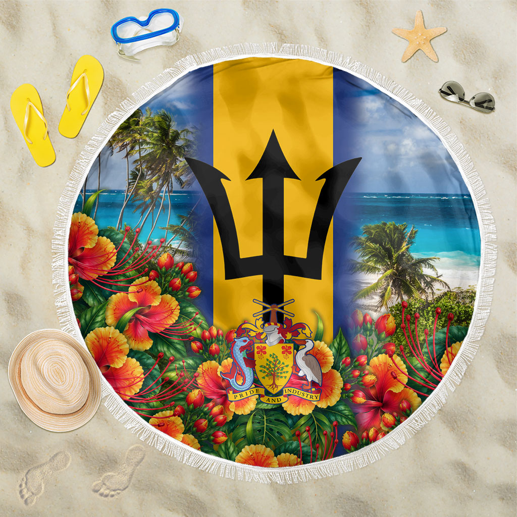 Barbados Trident Coat Of Arms Beach Blanket Caribbean Pride Tropical Beach Floral Map