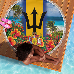Barbados Trident Coat Of Arms Beach Blanket Caribbean Pride Tropical Beach Floral Map