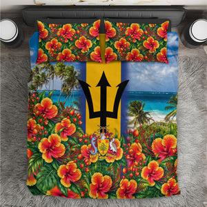 Barbados Trident Coat Of Arms Bedding Set Caribbean Pride Tropical Beach Floral Map