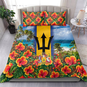 Barbados Trident Coat Of Arms Bedding Set Caribbean Pride Tropical Beach Floral Map