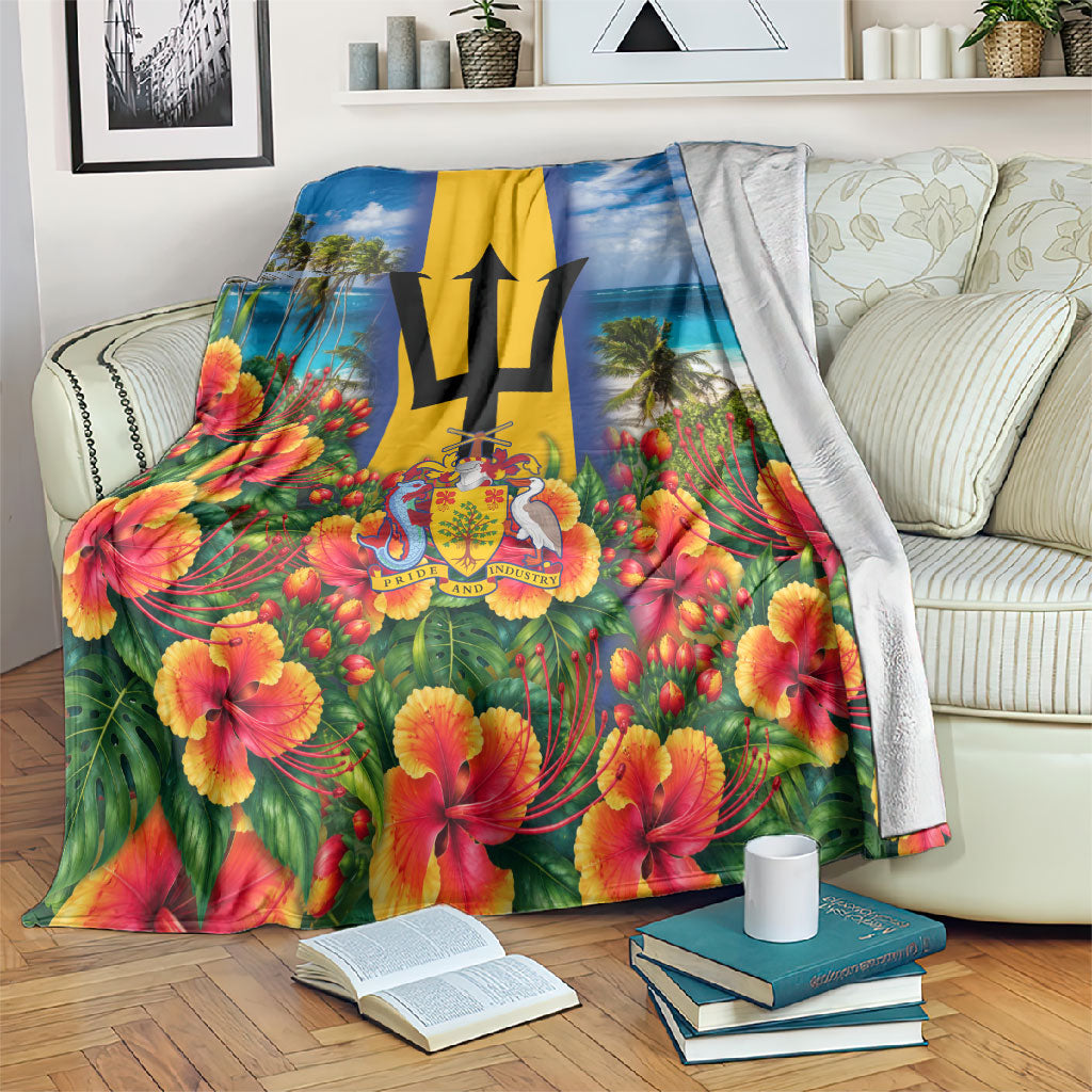 Barbados Trident Coat Of Arms Blanket Caribbean Pride Tropical Beach Floral Map