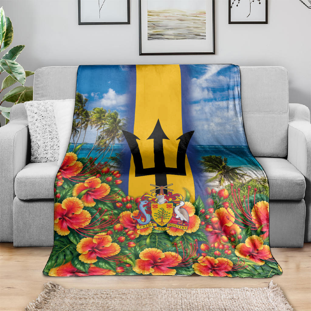 Barbados Trident Coat Of Arms Blanket Caribbean Pride Tropical Beach Floral Map