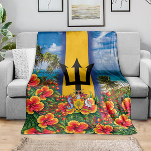 Barbados Trident Coat Of Arms Blanket Caribbean Pride Tropical Beach Floral Map