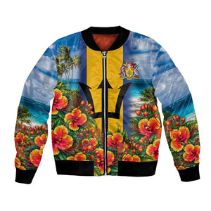 Barbados Trident Coat Of Arms Bomber Jacket Caribbean Pride Tropical Beach Floral Map