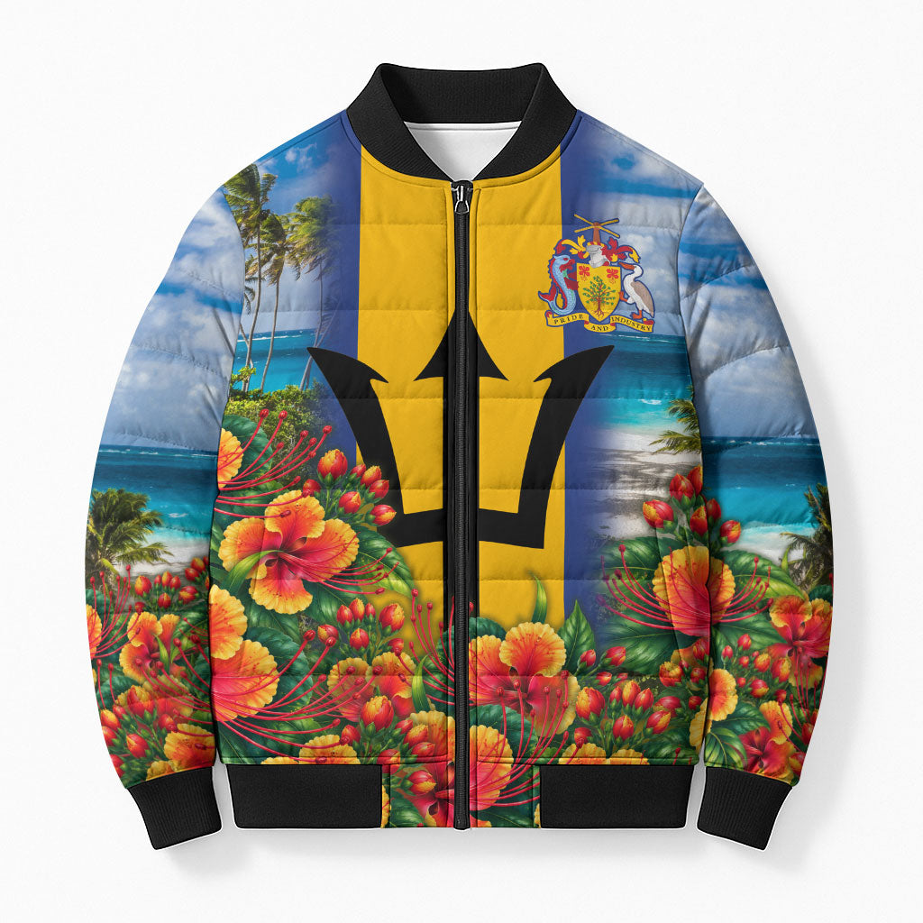 Barbados Trident Coat Of Arms Bomber Puffer Jacket Caribbean Pride Tropical Beach Floral Map