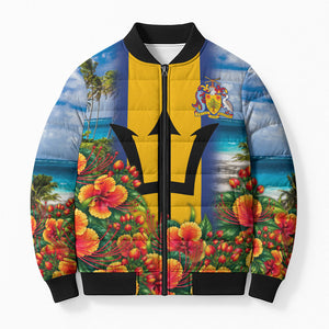Barbados Trident Coat Of Arms Bomber Puffer Jacket Caribbean Pride Tropical Beach Floral Map