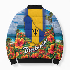 Barbados Trident Coat Of Arms Bomber Puffer Jacket Caribbean Pride Tropical Beach Floral Map