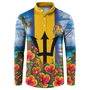 Barbados Trident Coat Of Arms Button Sweatshirt Caribbean Pride Tropical Beach Floral Map