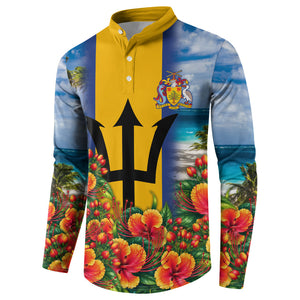 Barbados Trident Coat Of Arms Button Sweatshirt Caribbean Pride Tropical Beach Floral Map
