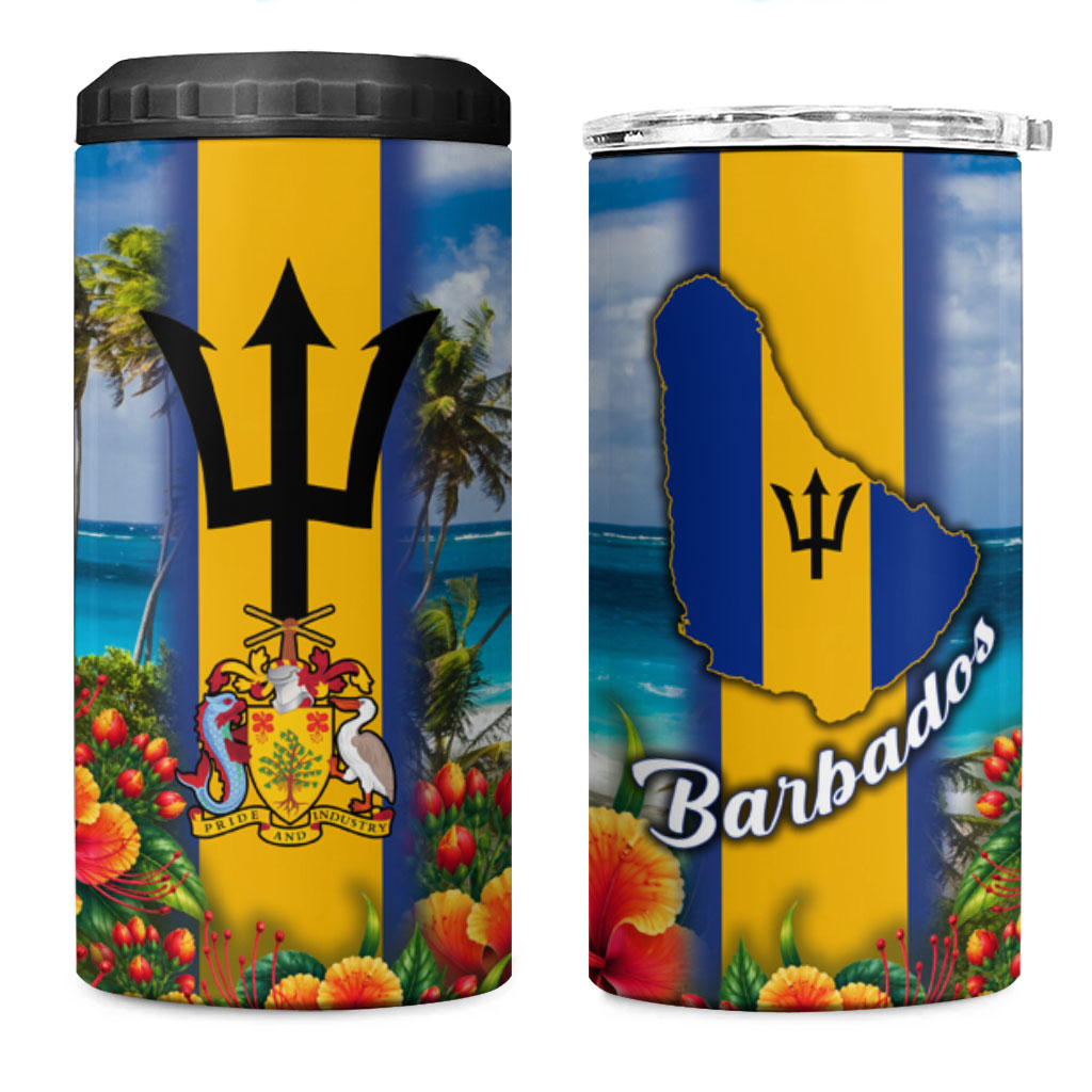 Barbados Trident Coat Of Arms 4 in 1 Can Cooler Tumbler Caribbean Pride Tropical Beach Floral Map