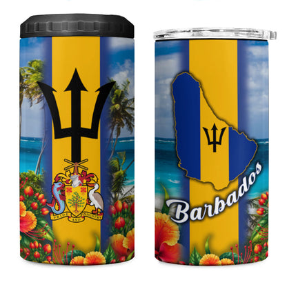 Barbados Trident Coat Of Arms 4 in 1 Can Cooler Tumbler Caribbean Pride Tropical Beach Floral Map