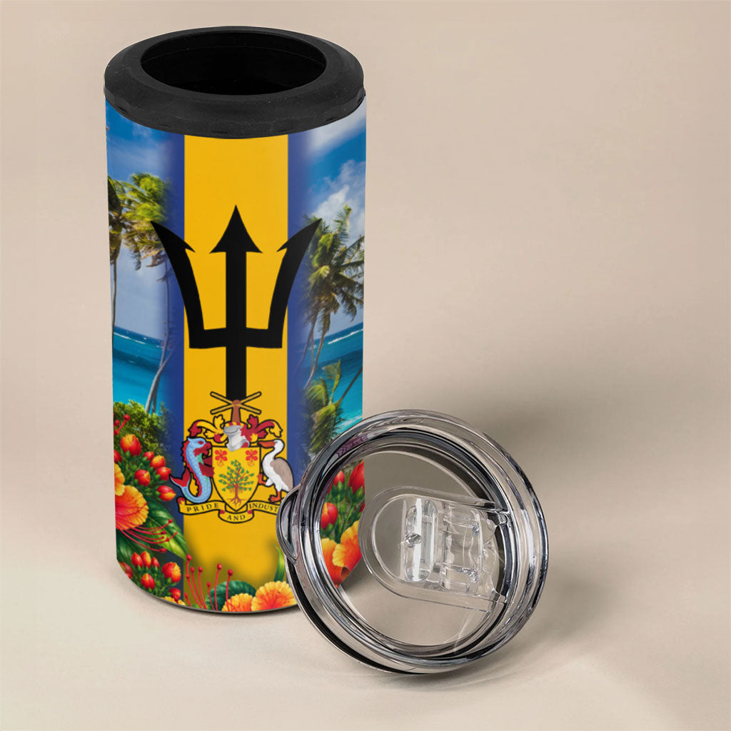 Barbados Trident Coat Of Arms 4 in 1 Can Cooler Tumbler Caribbean Pride Tropical Beach Floral Map