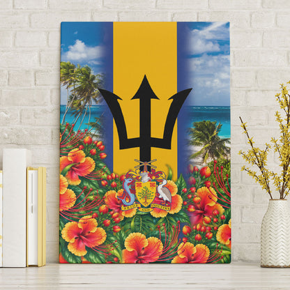 Barbados Trident Coat Of Arms Canvas Wall Art Caribbean Pride Tropical Beach Floral Map