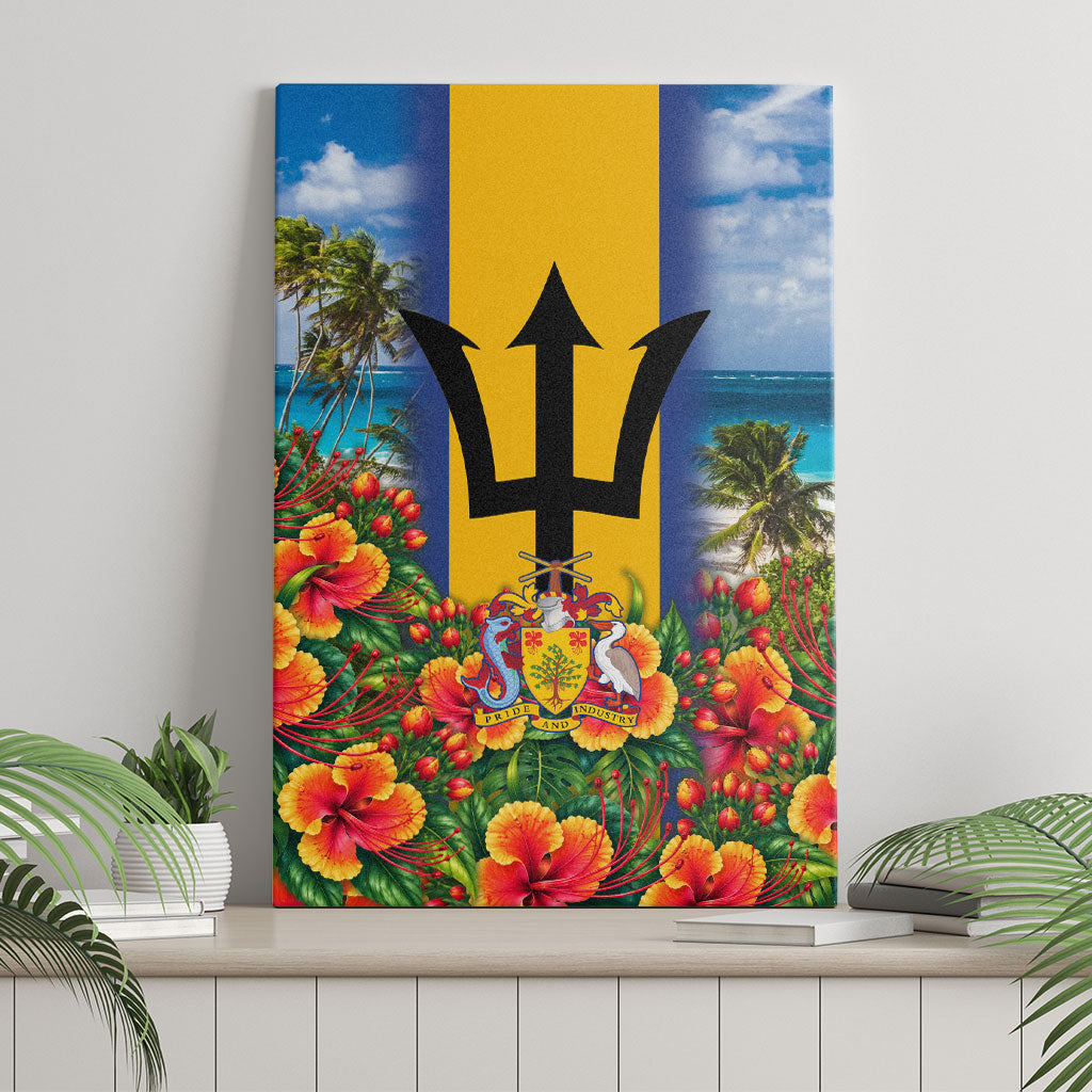 Barbados Trident Coat Of Arms Canvas Wall Art Caribbean Pride Tropical Beach Floral Map