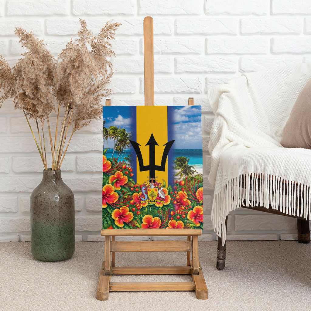 Barbados Trident Coat Of Arms Canvas Wall Art Caribbean Pride Tropical Beach Floral Map
