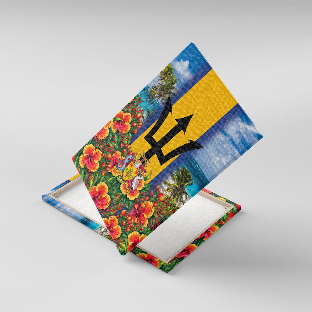 Barbados Trident Coat Of Arms Canvas Wall Art Caribbean Pride Tropical Beach Floral Map