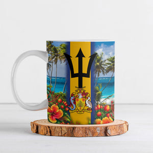 Barbados Trident Coat Of Arms Ceramic Mug Caribbean Pride Tropical Beach Floral Map