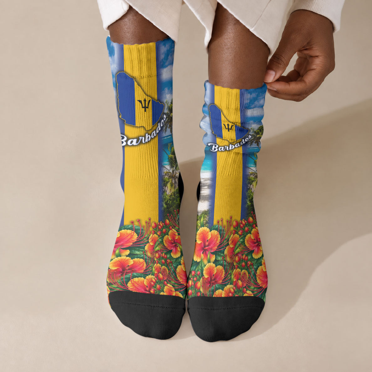 Barbados Trident Coat Of Arms Crew Socks Caribbean Pride Tropical Beach Floral Map