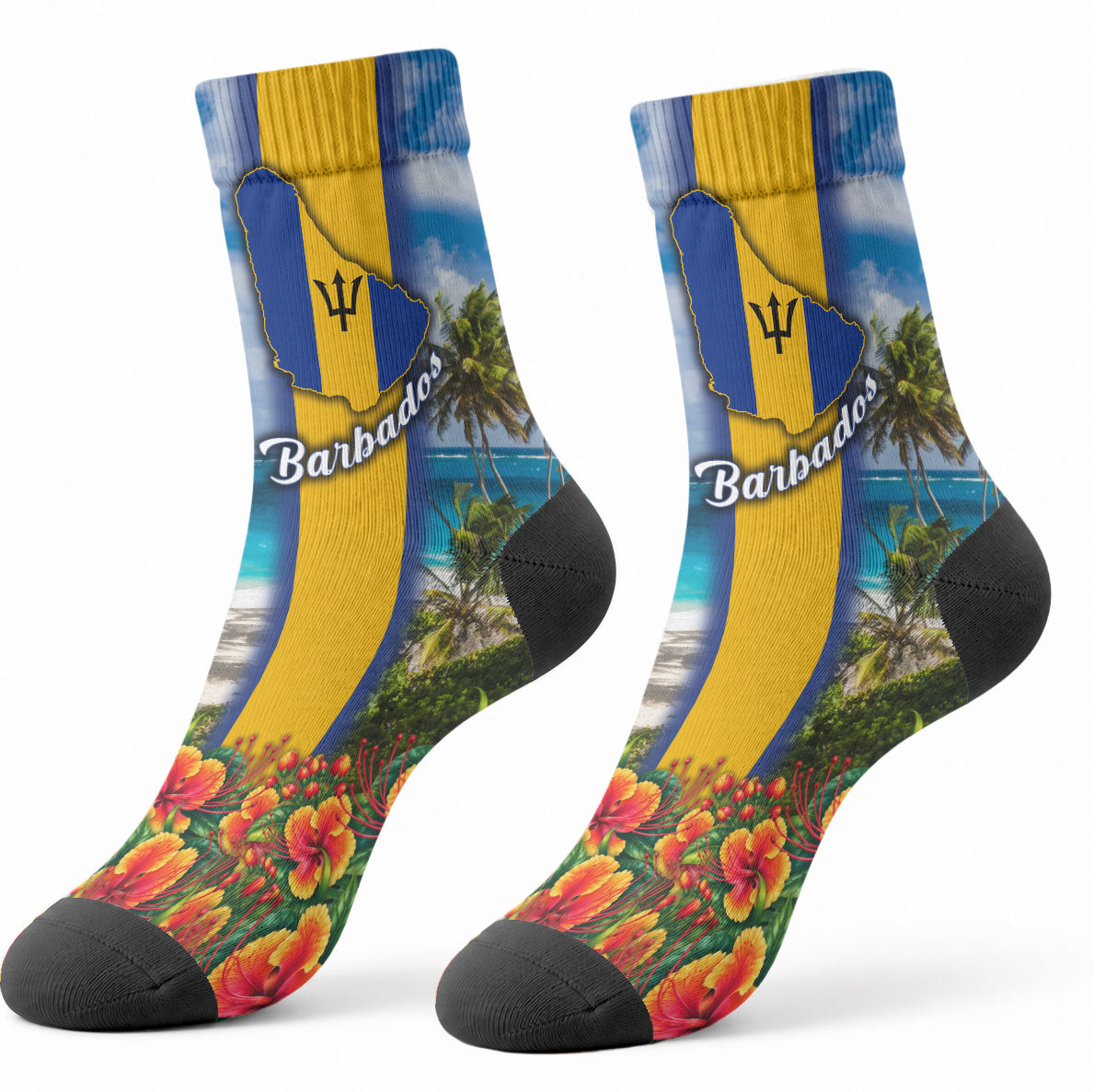Barbados Trident Coat Of Arms Crew Socks Caribbean Pride Tropical Beach Floral Map