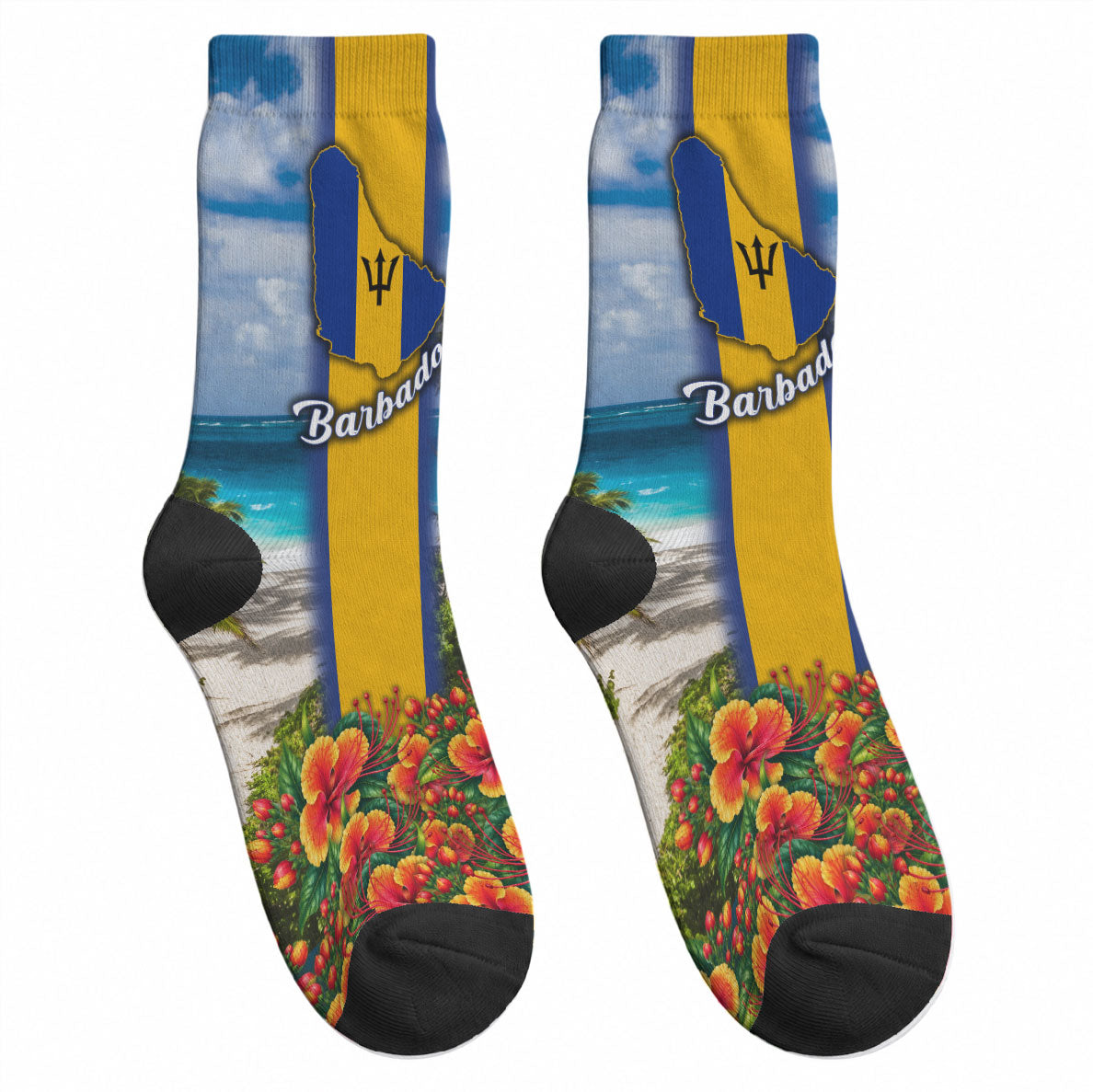 Barbados Trident Coat Of Arms Crew Socks Caribbean Pride Tropical Beach Floral Map